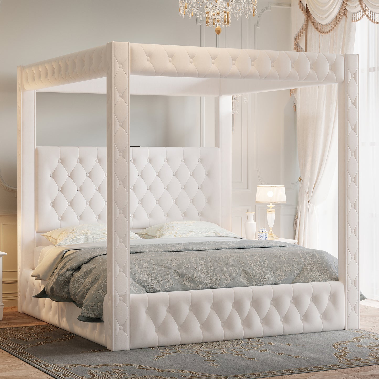Jocisland Upholstered Canopy Bed Frame with 74.8" Tall Four Poster and Velvet Deep-Tufted Tall Headboard with Charging Station/Modern Luxury Style/No Box Spring Needed