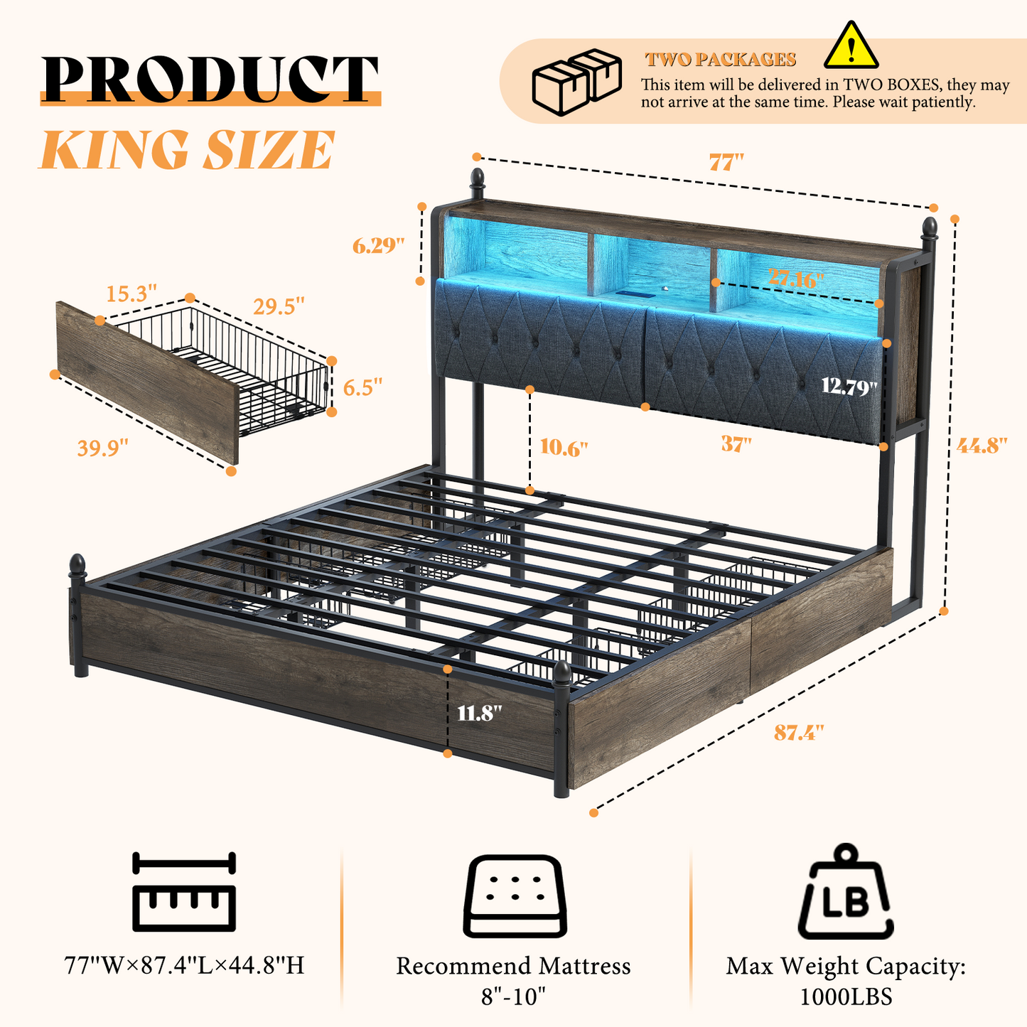 Merluxy Full Size Bed Frame with Bookcase Headboard and 4 Storage Drawers, Wooden Platform Bed with Charging Station and LED Light, No Box Spring Needed/Noise-Free, Gray