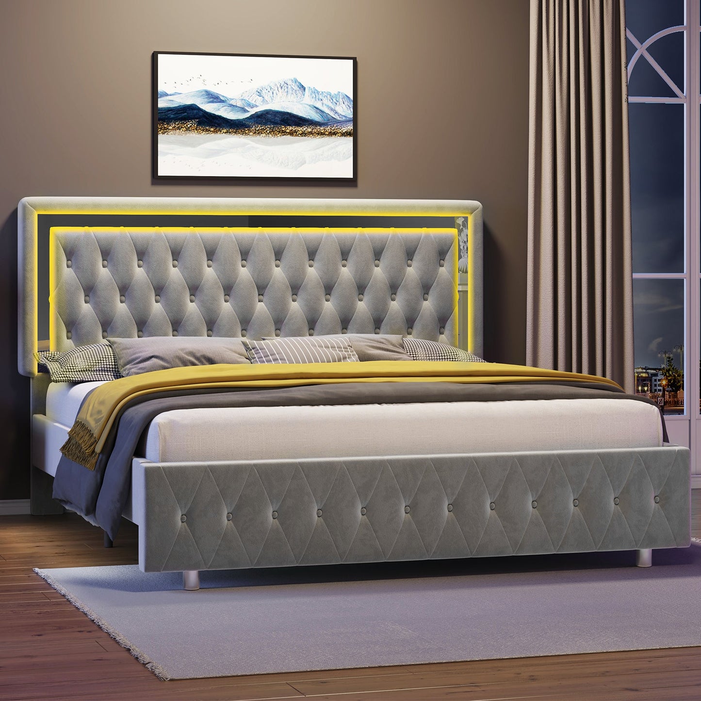 Platform  Bed Frame with LED Lights, Velvet Upholstered Bed Frame with Adjustable Headboard