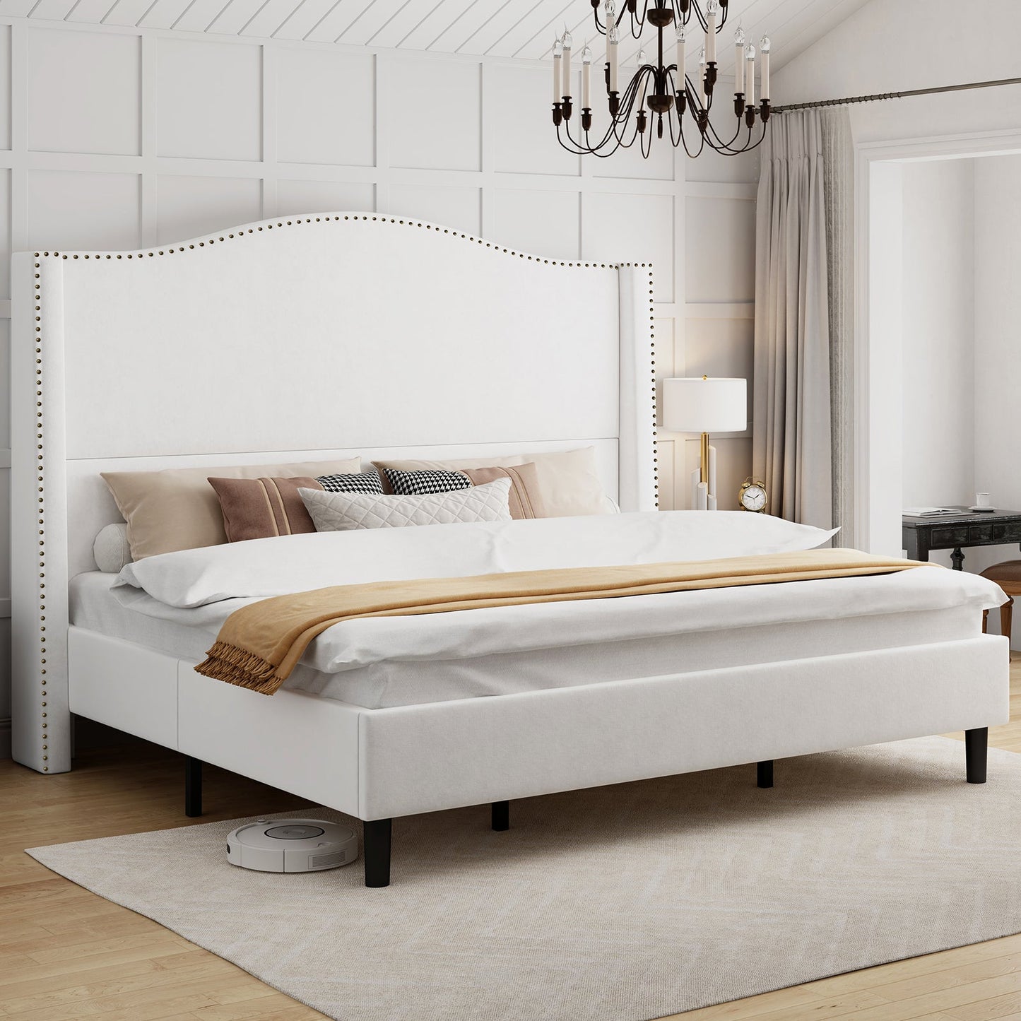 Bed Frame Upholstered Platform Bed with 54" Tall Headboard, Nailhead Trim, No Box Spring Needed