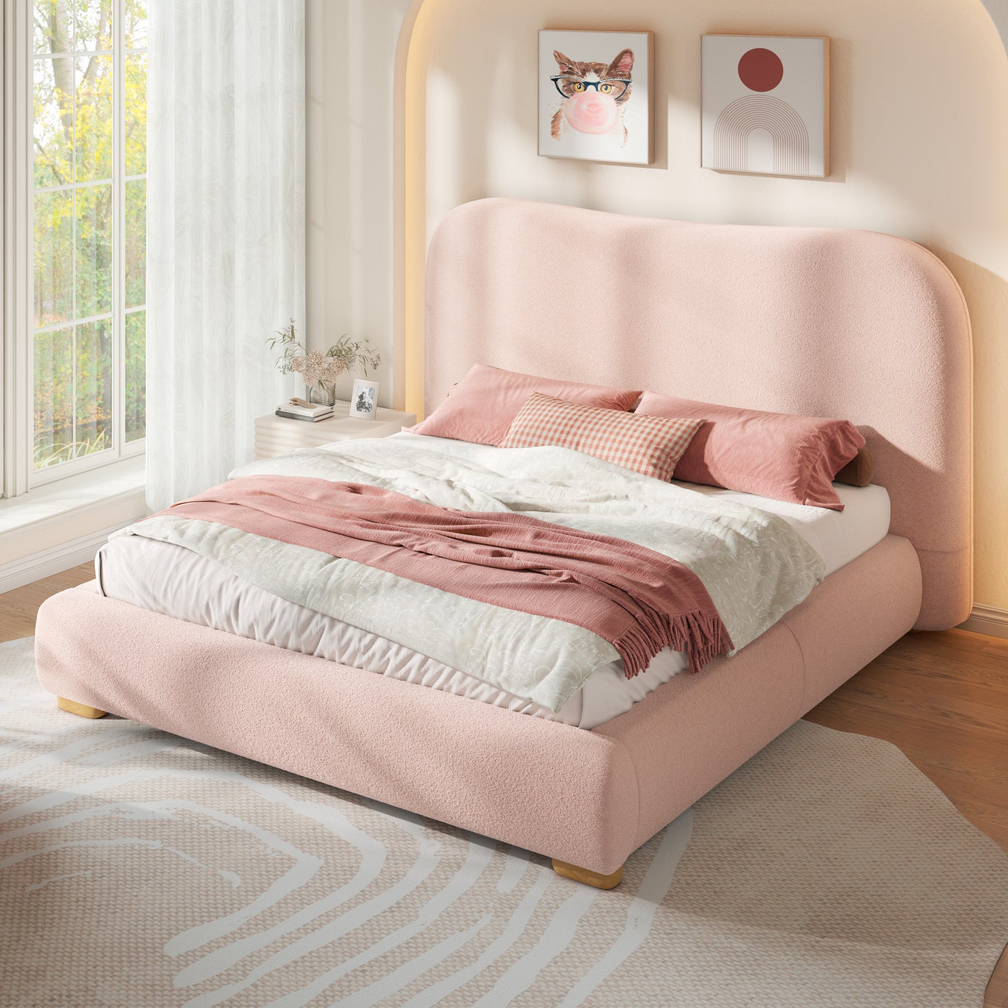 Jocisland Cloud Bed Frame, 7.1" Thick Curved Headboard, Soft Rounded Corners Kid & Pet Safe Design, Modern Upholstered Platform Bed, No Box Spring Needed, Easy Assembly