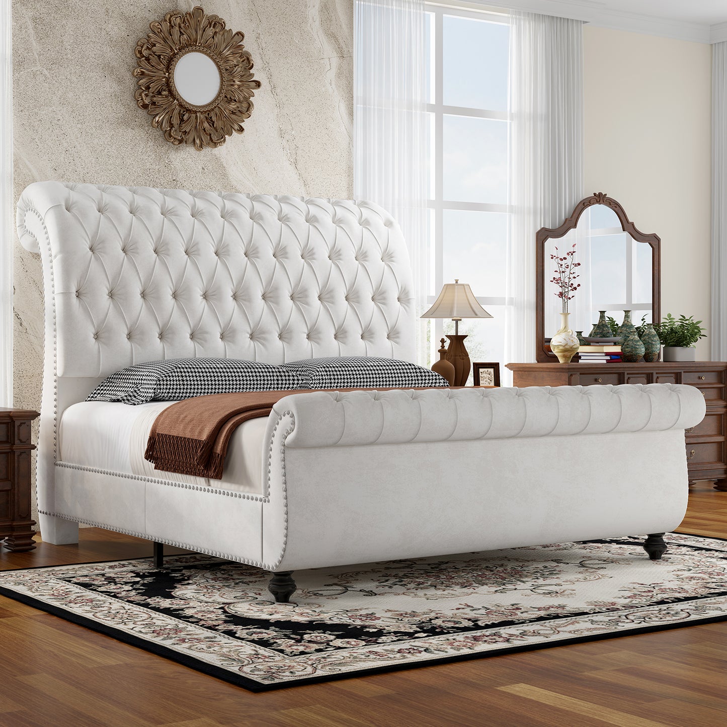 Jocisland Velvet Upholstered Platform Sleigh Bed Frame with Scroll Headboard & Footboard, Button Tufted