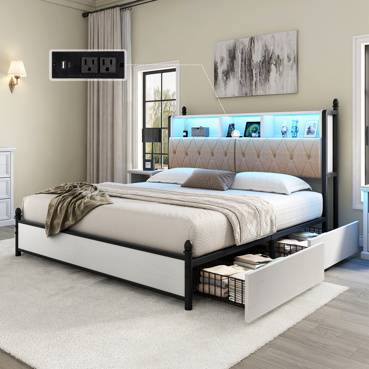 Merluxy Full Size Bed Frame with Bookcase Headboard and 4 Storage Drawers, Wooden Platform Bed with Charging Station and LED Light, No Box Spring Needed/Noise-Free, Gray