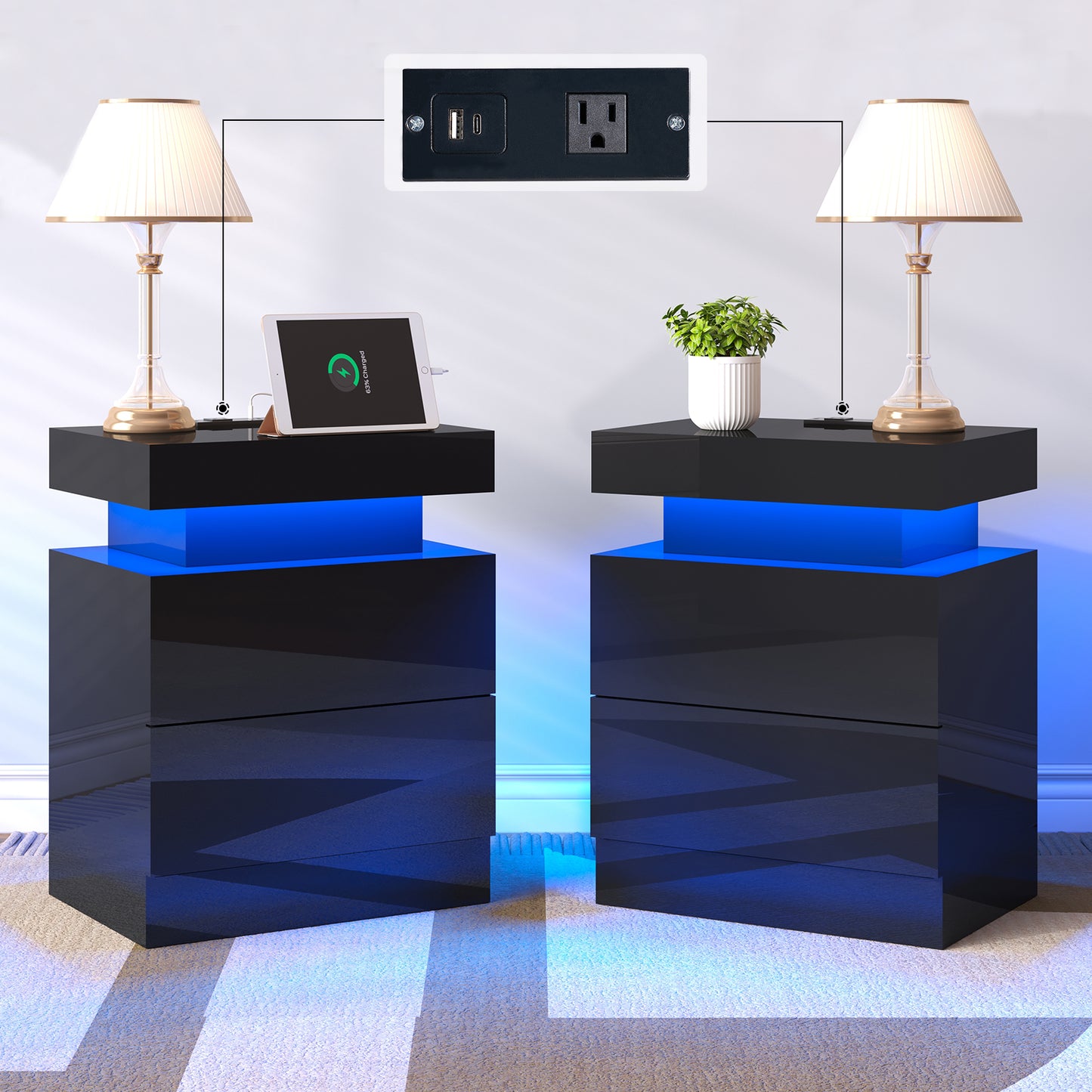 Nightstand Set of 2 with Charging Station and LED Light, Modern Side Table with 2 Drawers and Open Storage Shelf, End Table for Bedroom, Black