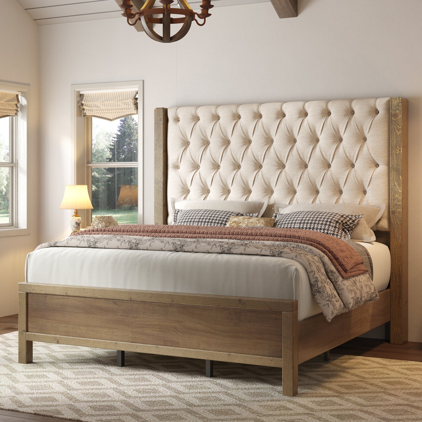 Jocisland Solid Wood Bed Frame, 57" Tall Farmhouse Platform Beds, Upholstered Line Wingback Headboard, Deep Button Tufted, No Box Spring Needed, Easy Assembly