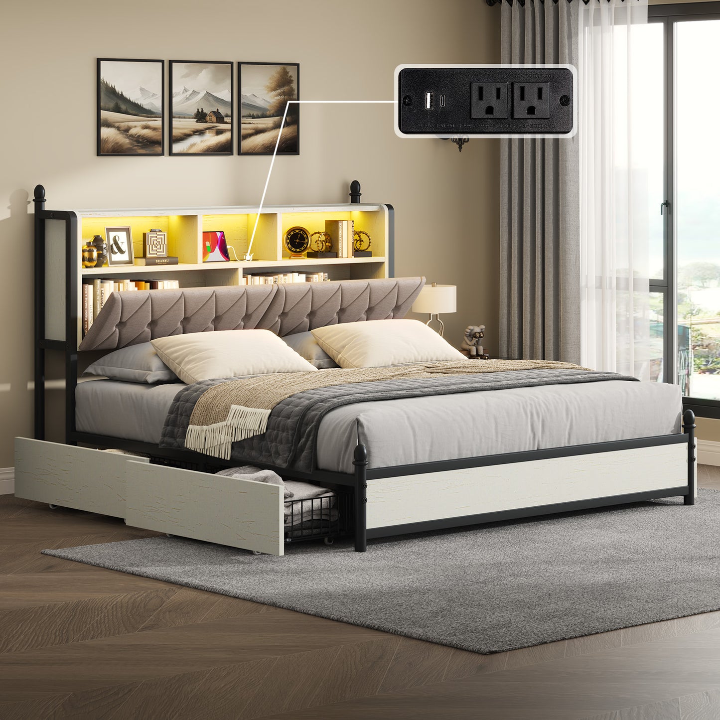 Bed Frame with Bookcase Headboard and 4 Storage Drawers, Wooden Platform Bed with Charging Station and LED Light, No Box Spring Needed/Noise-Free