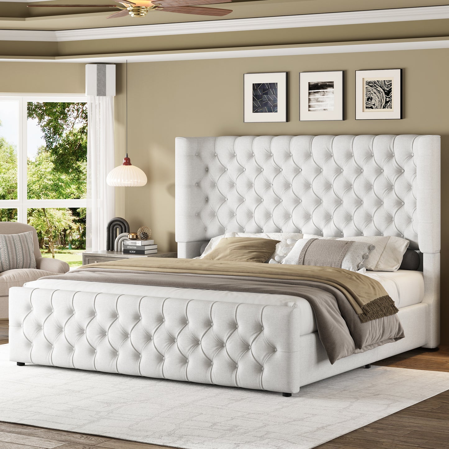 Jocisland Platform Bed Frame, 6.3" Thick Upholstered Curved Wingback Headboard and Footboard with Deep Button Tufted, Easy Assembly, No Box Spring Needed