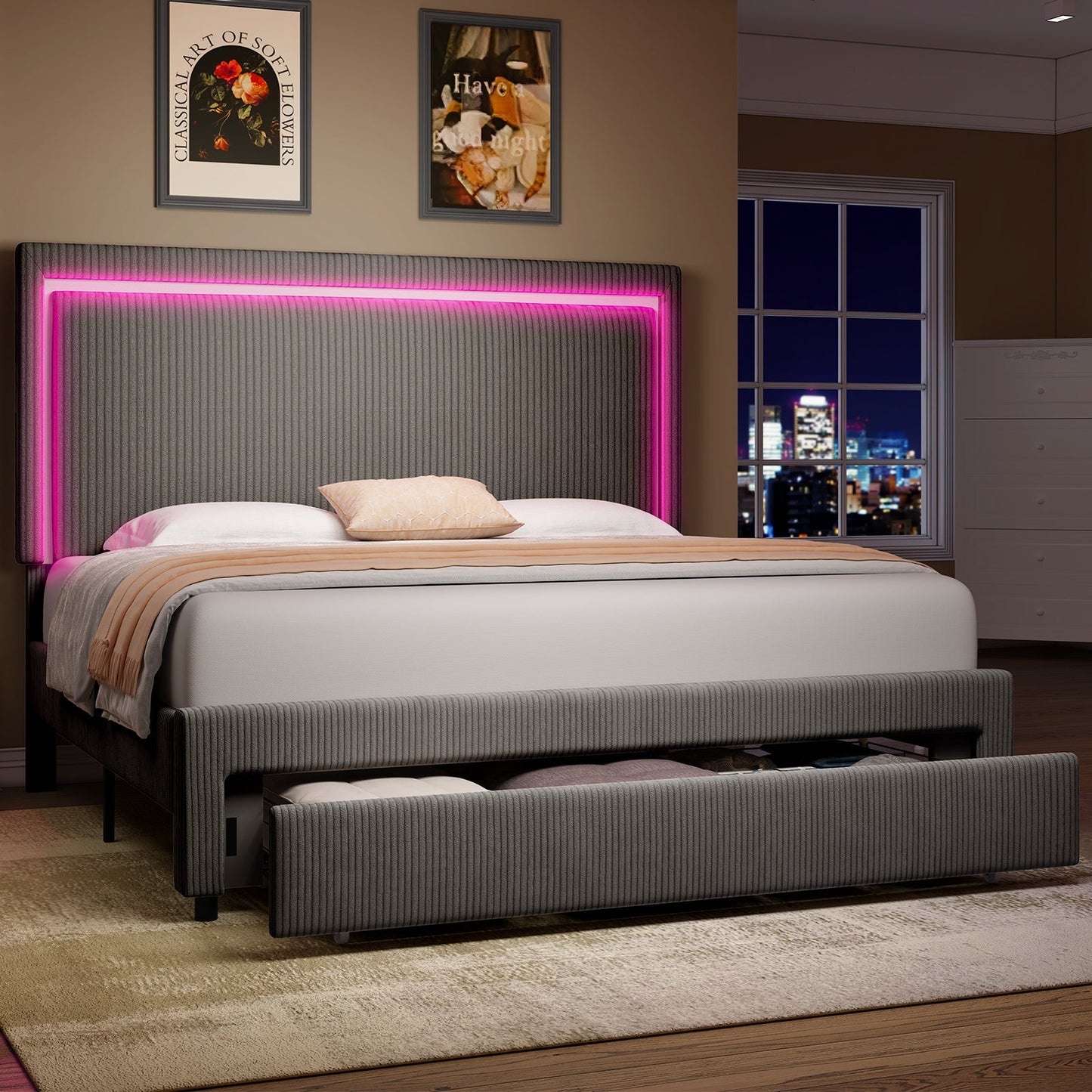 Corduroy Upholstered Bed Frame with LED Lights Headboard&Drawers