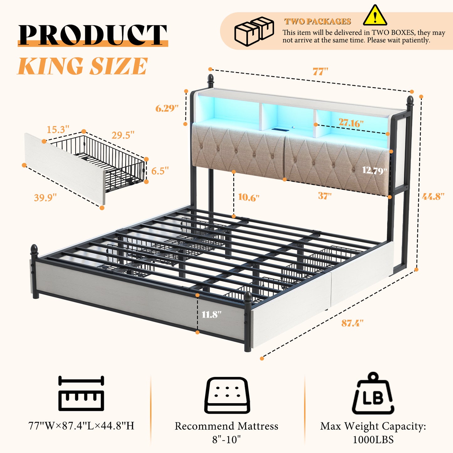 Merluxy Full Size Bed Frame with Bookcase Headboard and 4 Storage Drawers, Wooden Platform Bed with Charging Station and LED Light, No Box Spring Needed/Noise-Free, Gray