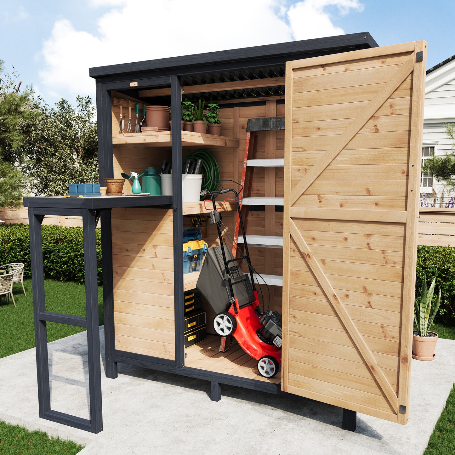 Jocisland Solid Fir Wood Outdoor Storage Shed,Garden Tool Shed with Foldable Workbench, Adjustable Shelves,Sloping Roof,Weatherproof Utility Cabinet for Backyard,Patio&Lawn, Poolside,2.76x5.15x5.9 FT