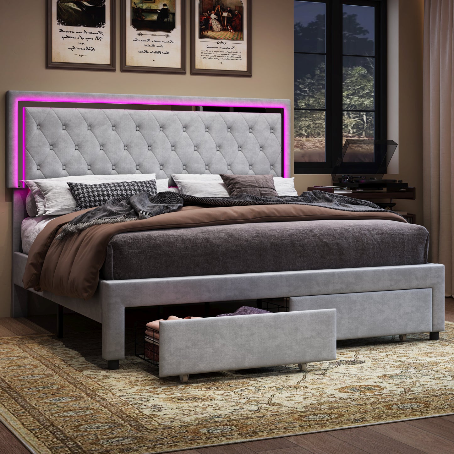 Velvet Upholstered Bed Frame with LED Lights Headboard& 2 Storage Drawers