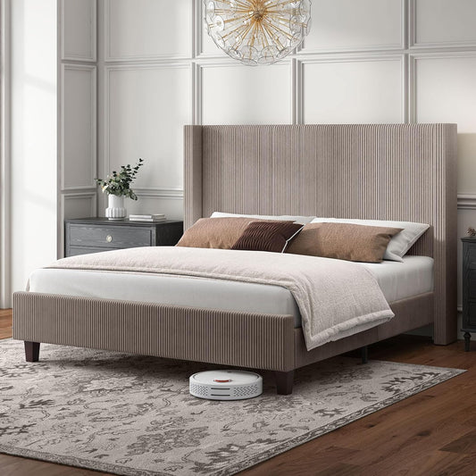 Upholstered Platform Bed Frame, Wingback Bed with 50.8" Headboard, Corduroy/Solid Wood Leg/No Box Spring Needed/Noise Free