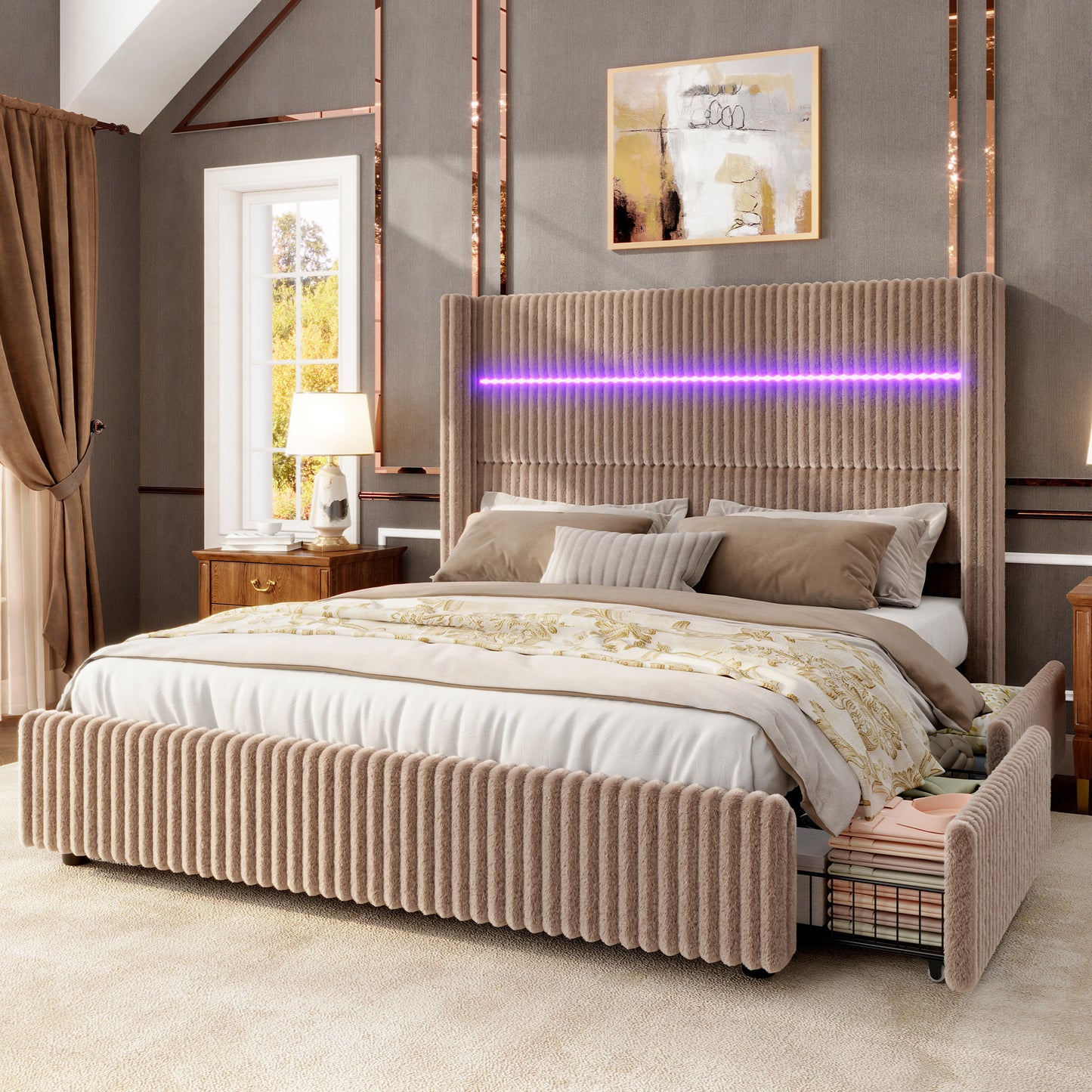 Jocisland Upholstered Corduroy Bed Frame with 4 Storage Drawers, 51.2" Tall Wingback Headboard, LED Lights & Charging Station, Platform Bed No Box Spring Needed, Easy Assembly