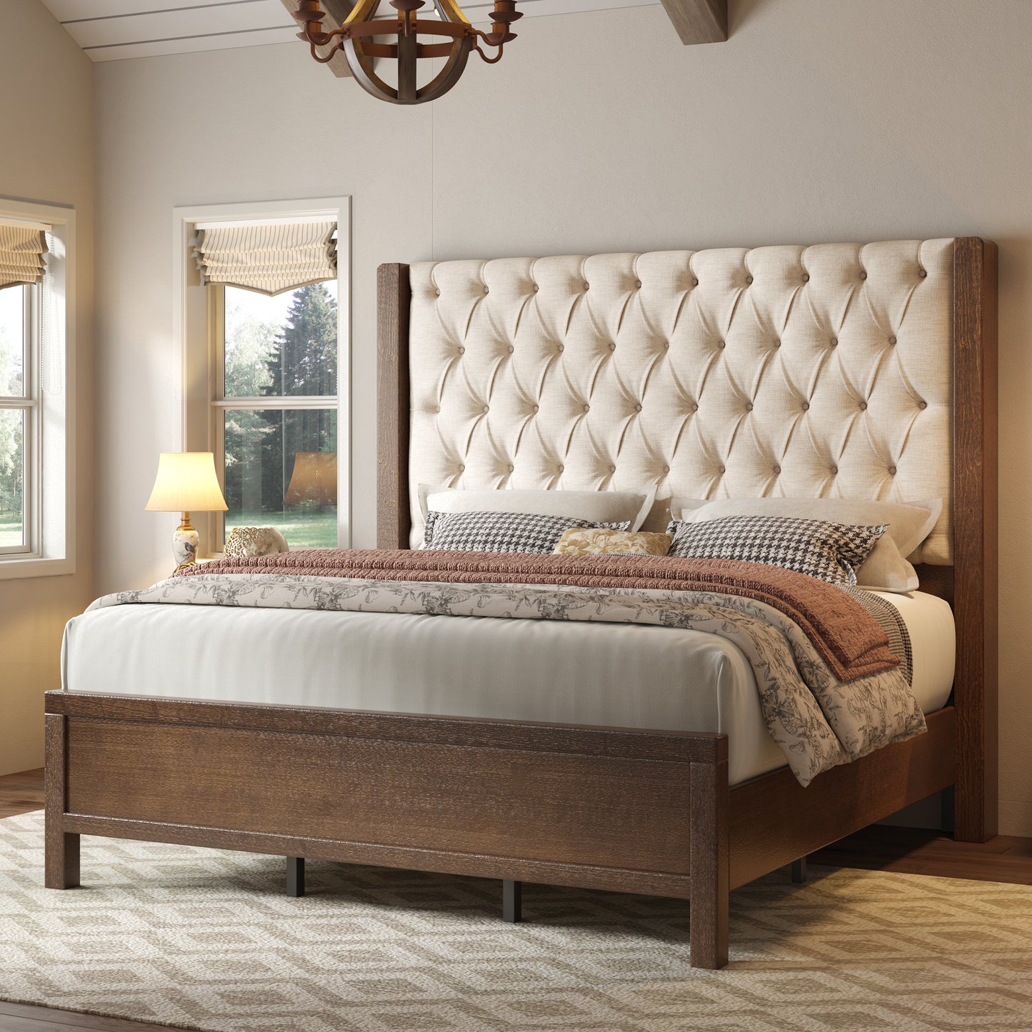 Jocisland Solid Wood Bed Frame, 57" Tall Farmhouse Platform Beds, Upholstered Line Wingback Headboard, Deep Button Tufted, No Box Spring Needed, Easy Assembly