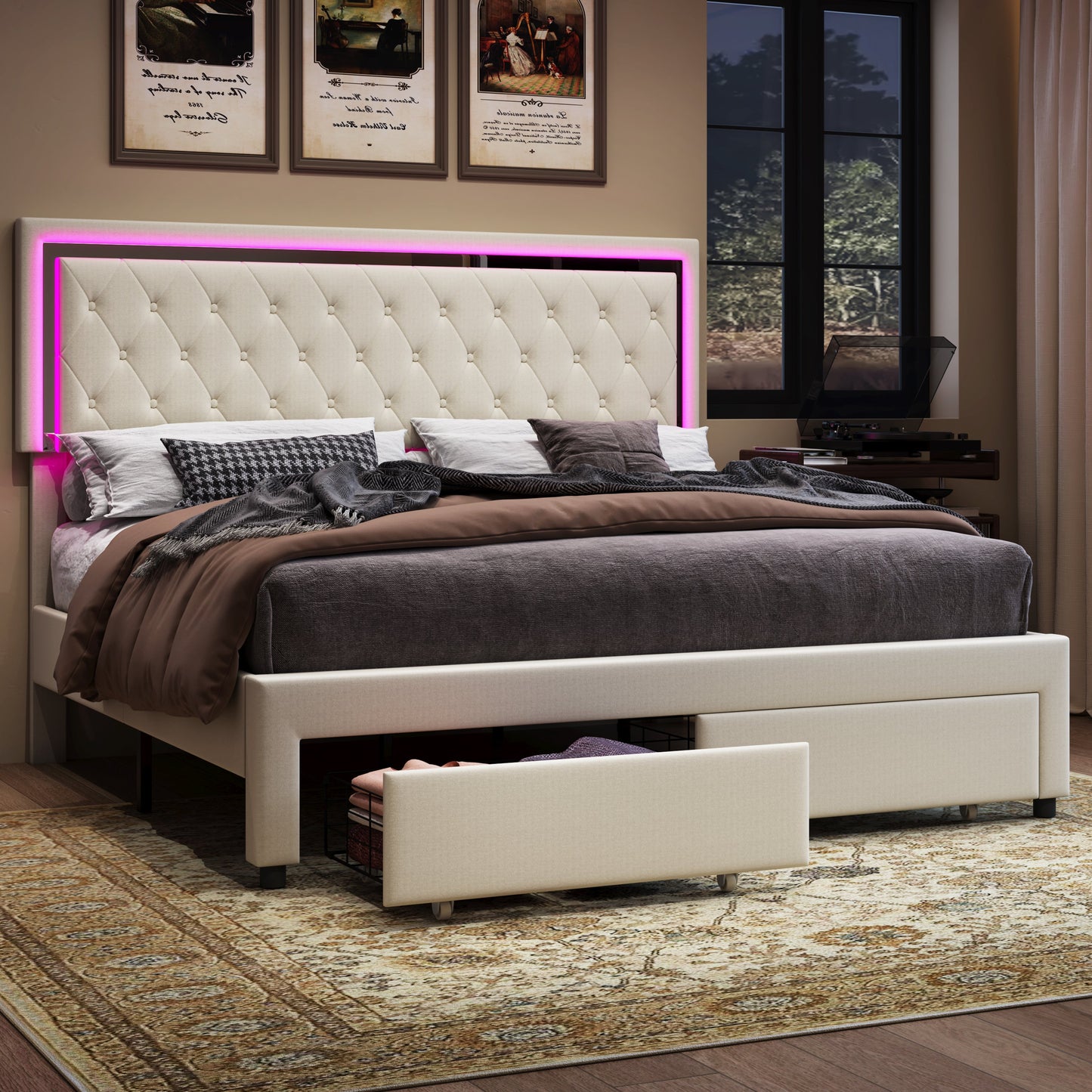 Velvet Upholstered Bed Frame with LED Lights Headboard& 2 Storage Drawers