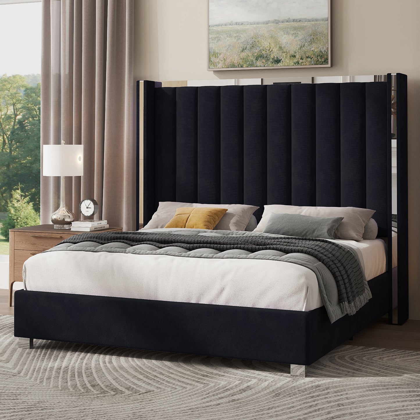 Bed Frame with 58" tall Headboard, Velvet Upholstered Platform bed with Tall Headboard Wingback, Velvet Vertical Channel Tufted and Plating Trim, No Box Spring Needed