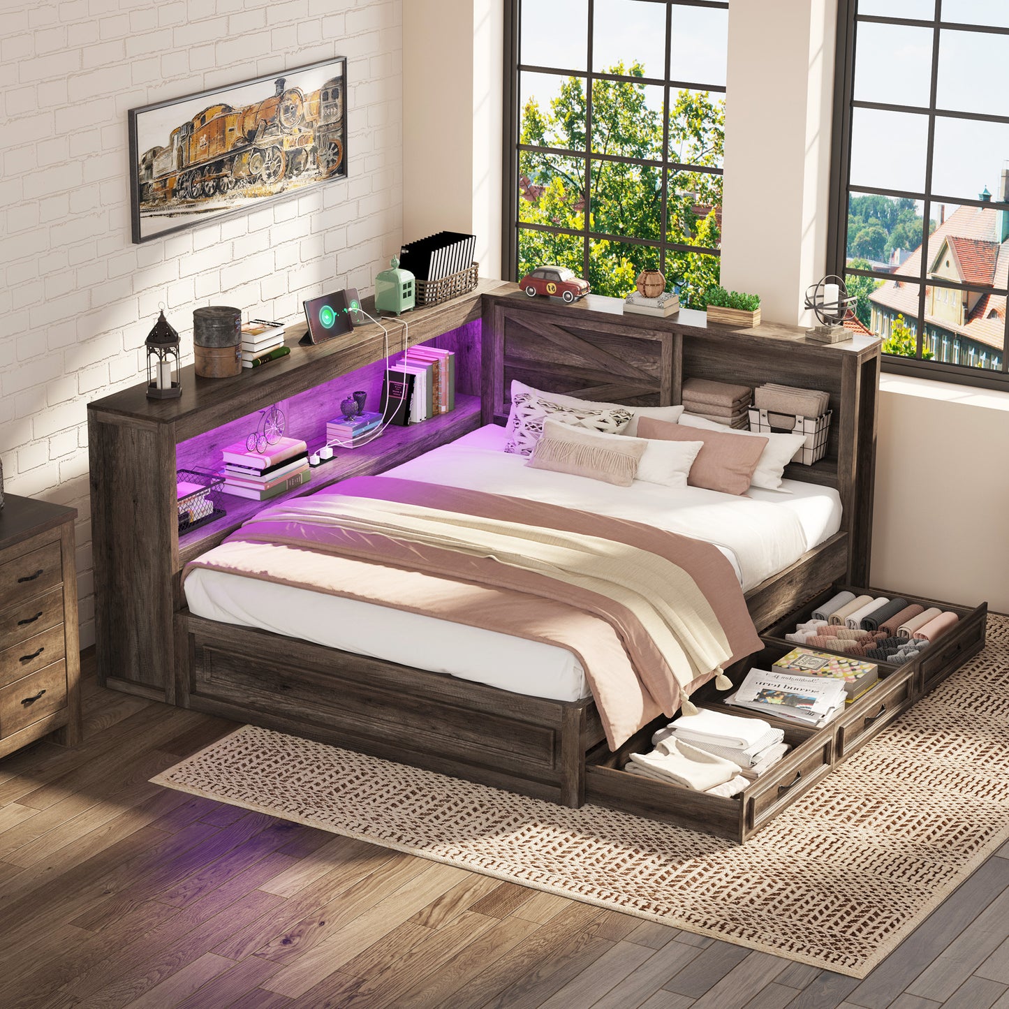 Jocisland Corner Bed Frame with Storage Drawers and Bookcase Headboard, Charging Station and Led Lights, Farmhouse Wood Daybed for Kids Teens, No Box Spring Needed