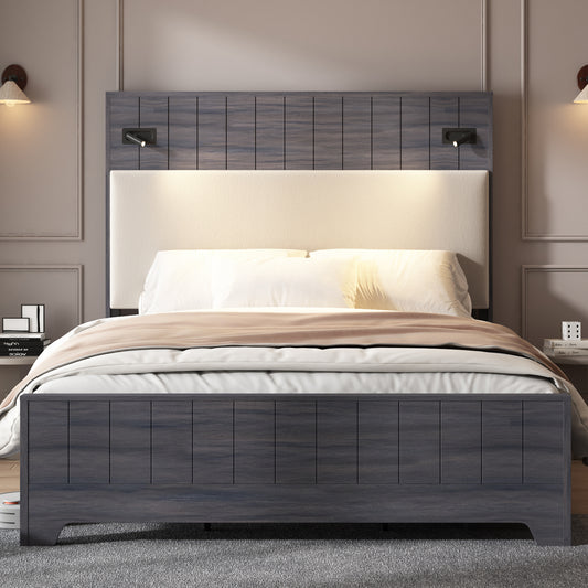 Bed Frame with 57" Tall Headboard, Modern Platform Bed Frame with 2 Built-in Reading Lights and Upholstered Headboard, No Box Spring Needed, Easy Assembly