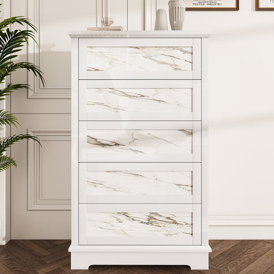 Luxury 49.2" H High-Gloss 5 Drawer Dresser, Natural Marble Chest of Drawers No Handles for Bedroom, Living Room, Modern