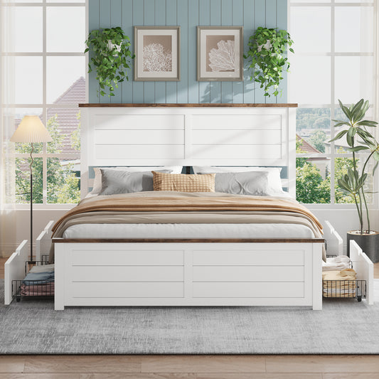 Farmhouse Twin Size Bed Frame with Headboard and 4 Storage Drawers, Solid Wood Barn Door Platform Bed with Wood Slats, Heavy Duty Mattress Foundation, Non-Slip & Noise-Free, Antique White