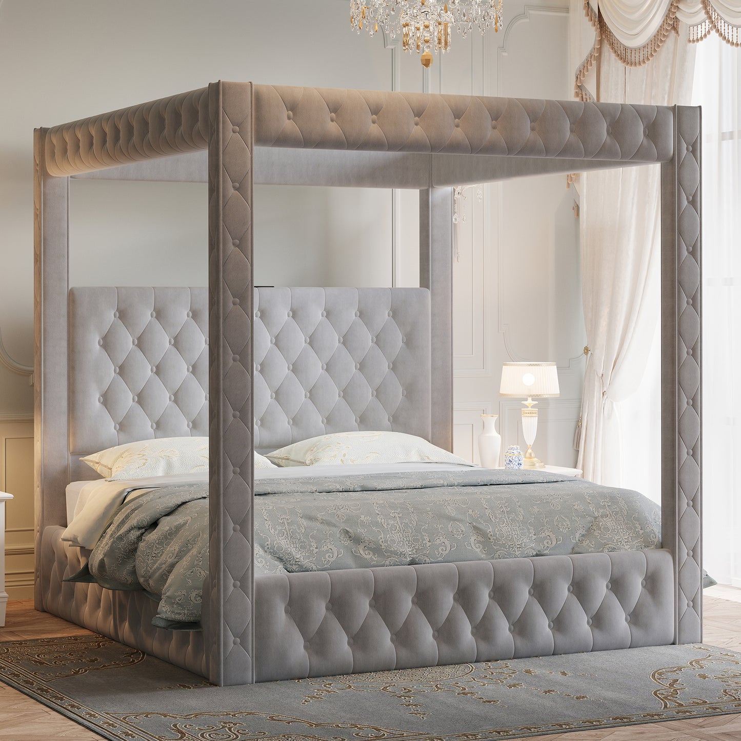 Jocisland Upholstered Canopy Bed Frame with 74.8" Tall Four Poster and Velvet Deep-Tufted Tall Headboard with Charging Station/Modern Luxury Style/No Box Spring Needed