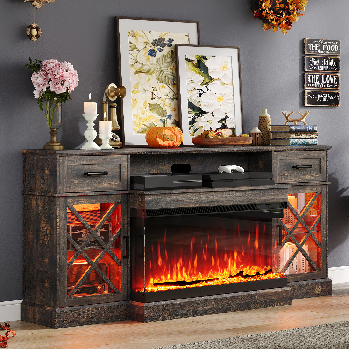 Farmhouse LED Fireplace TV Stand with 3-Sided Glass Fireplace, 70" Large Entertainment Center for TVs up to 80", Rustic TV Console with Glass Door Storage for Living Room