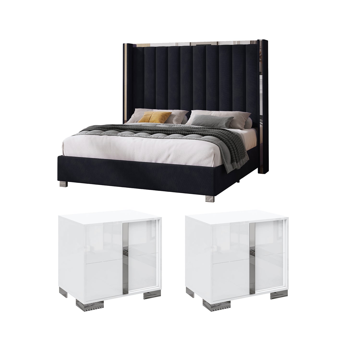 AMERLIFE 3-Piece Modern Bedroom Set Upholstered Bed Frame with 58" Wingback Headboard and 2 White Nightstands