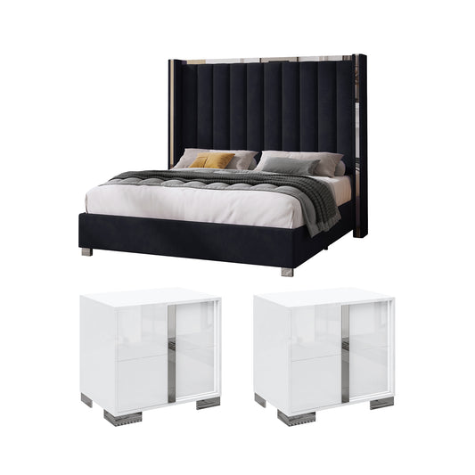 AMERLIFE 3-Piece Modern Bedroom Set Upholstered Bed Frame with 58" Wingback Headboard and 2 White Nightstands