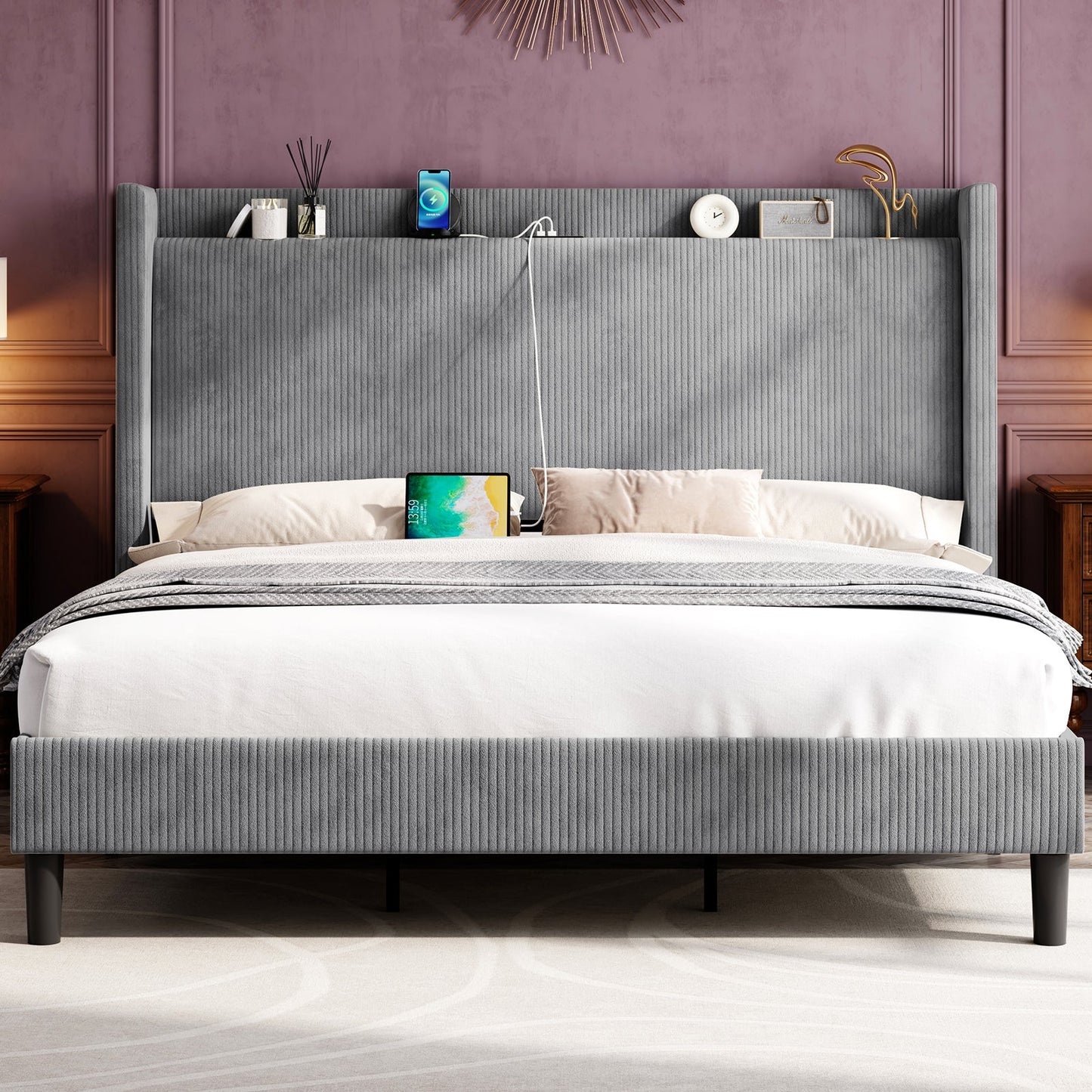 Corduroy Upholstered Bed Frame with Modern Wingback Storage Headboard, Charging Station