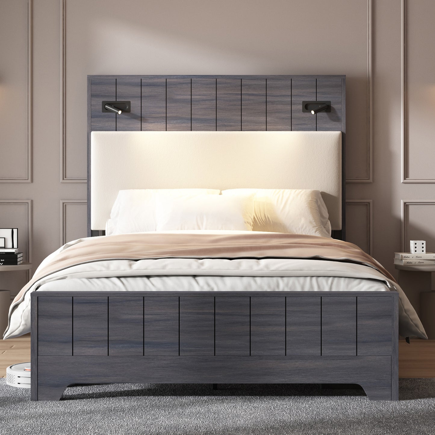 Bed Frame with 57" Tall Headboard, Modern Platform Bed Frame with 2 Built-in Reading Lights and Upholstered Headboard, No Box Spring Needed, Easy Assembly