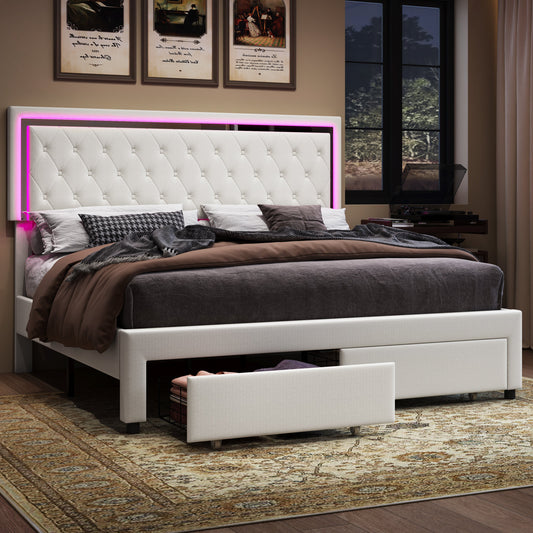 Velvet Upholstered Bed Frame with LED Lights Headboard& 2 Storage Drawers