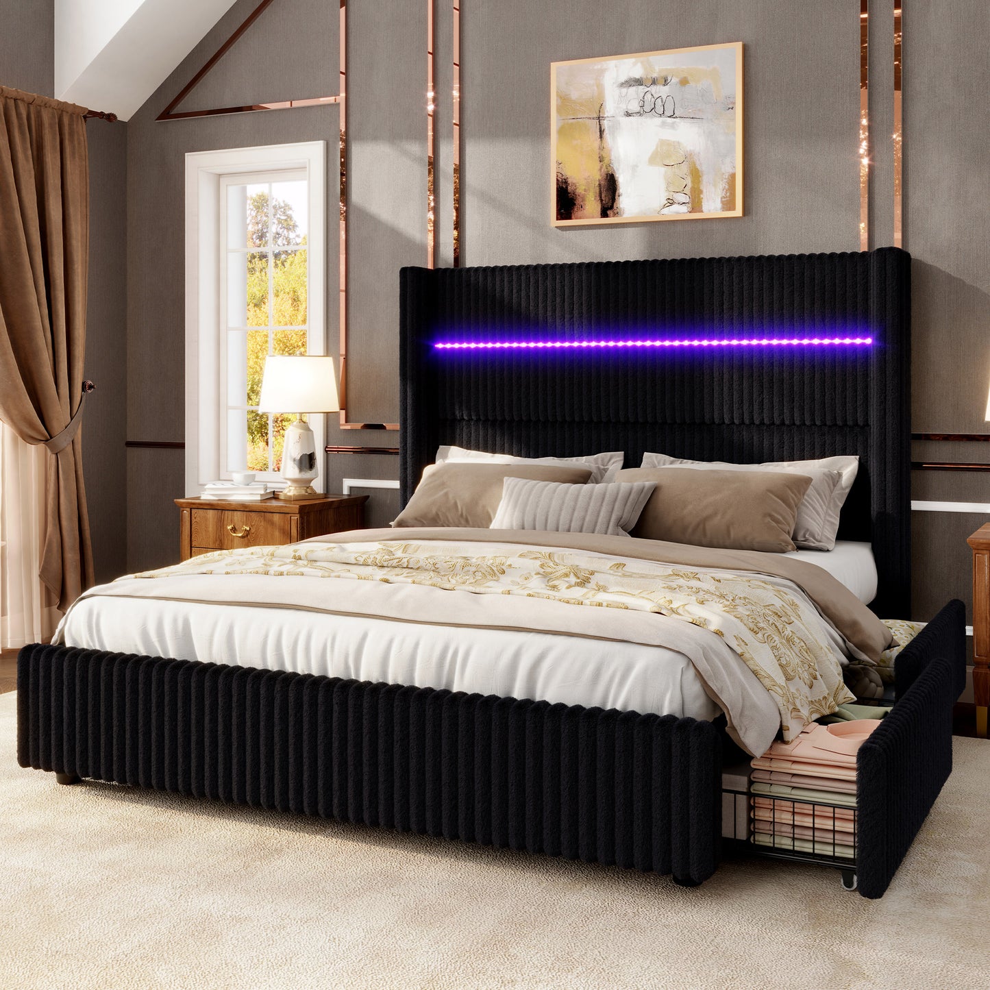 Jocisland Upholstered Corduroy Bed Frame with 4 Storage Drawers, 51.2" Tall Wingback Headboard, LED Lights & Charging Station, Platform Bed No Box Spring Needed, Easy Assembly