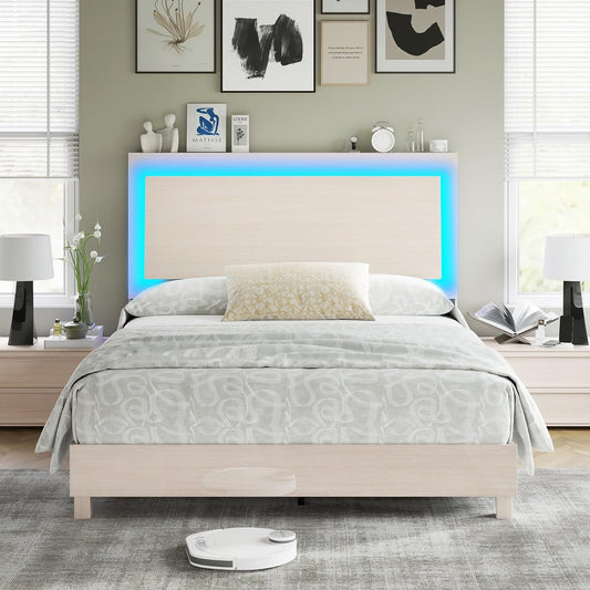 Platform Bed Frame with Smart RGBW LED Lights, High Gloss Wooden Bed Frame with Floating Ergonomic Headboard, Slats Support/No Box Spring Needed