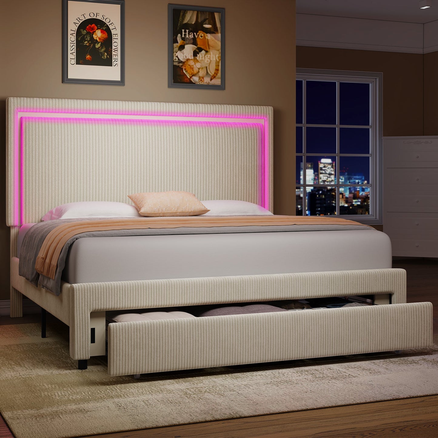 Corduroy Upholstered Bed Frame with LED Lights Headboard&Drawers