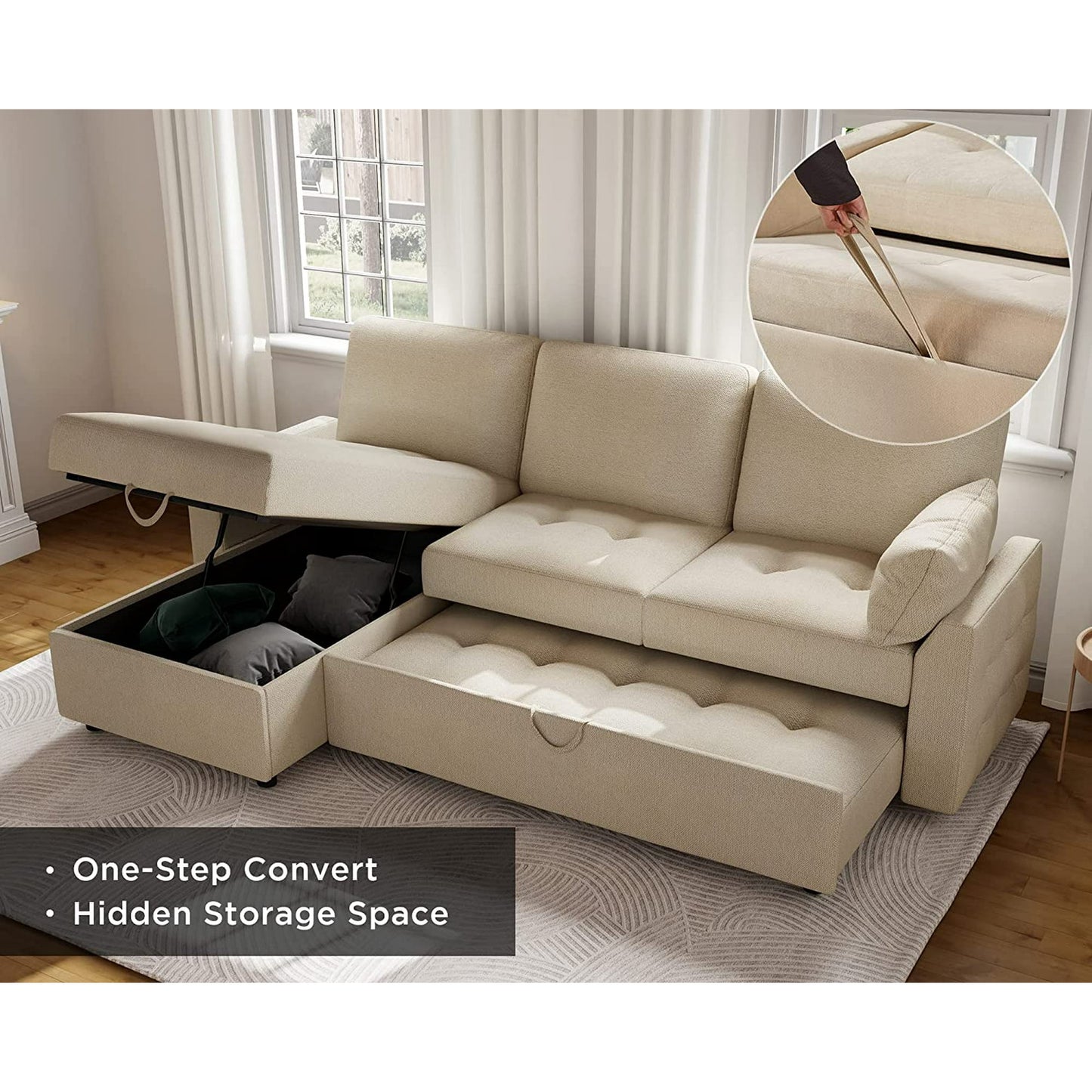 Pull Out Sofa Bed, Tufted Sleeper Sofa, L Shaped Couch with Storage Chaise, Chenille Beige