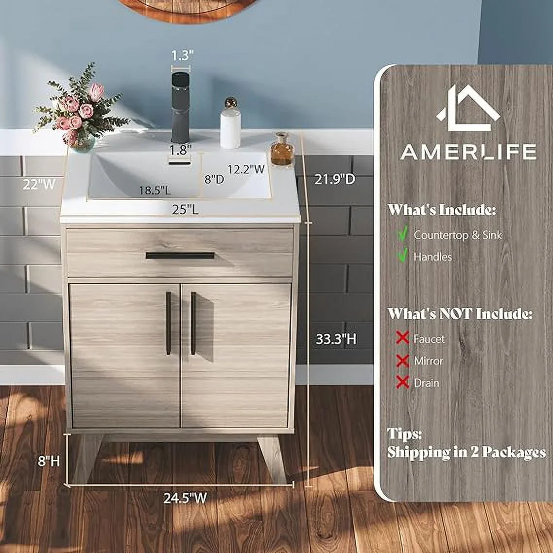 24.5" Bathroom Vanity with Sink Combo, Mid-Century Small Single Bathroom Cabinet Set, Grey