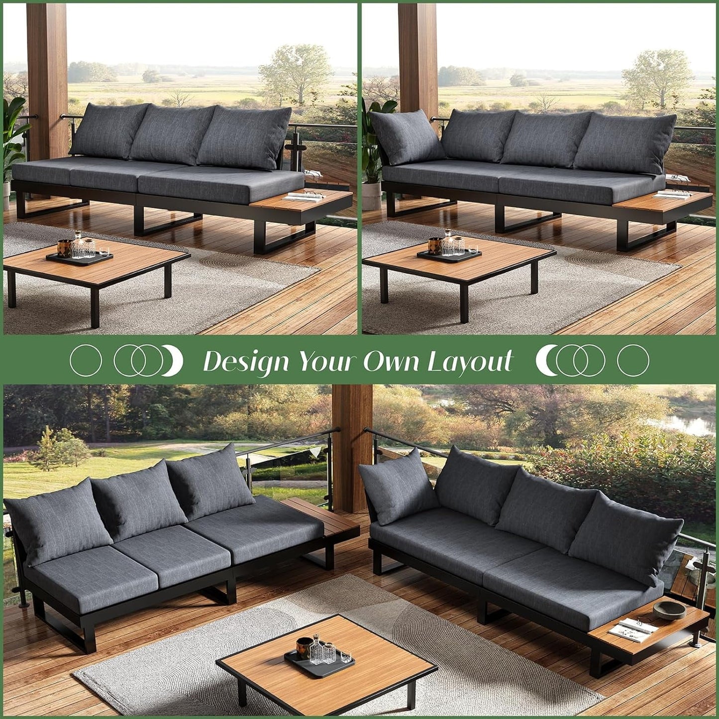 3-Piece Patio Furniture Sets, Outdoor Aluminum Furniture Sofa, with Wood Side Table & Washable Cushions（Handrail Model）