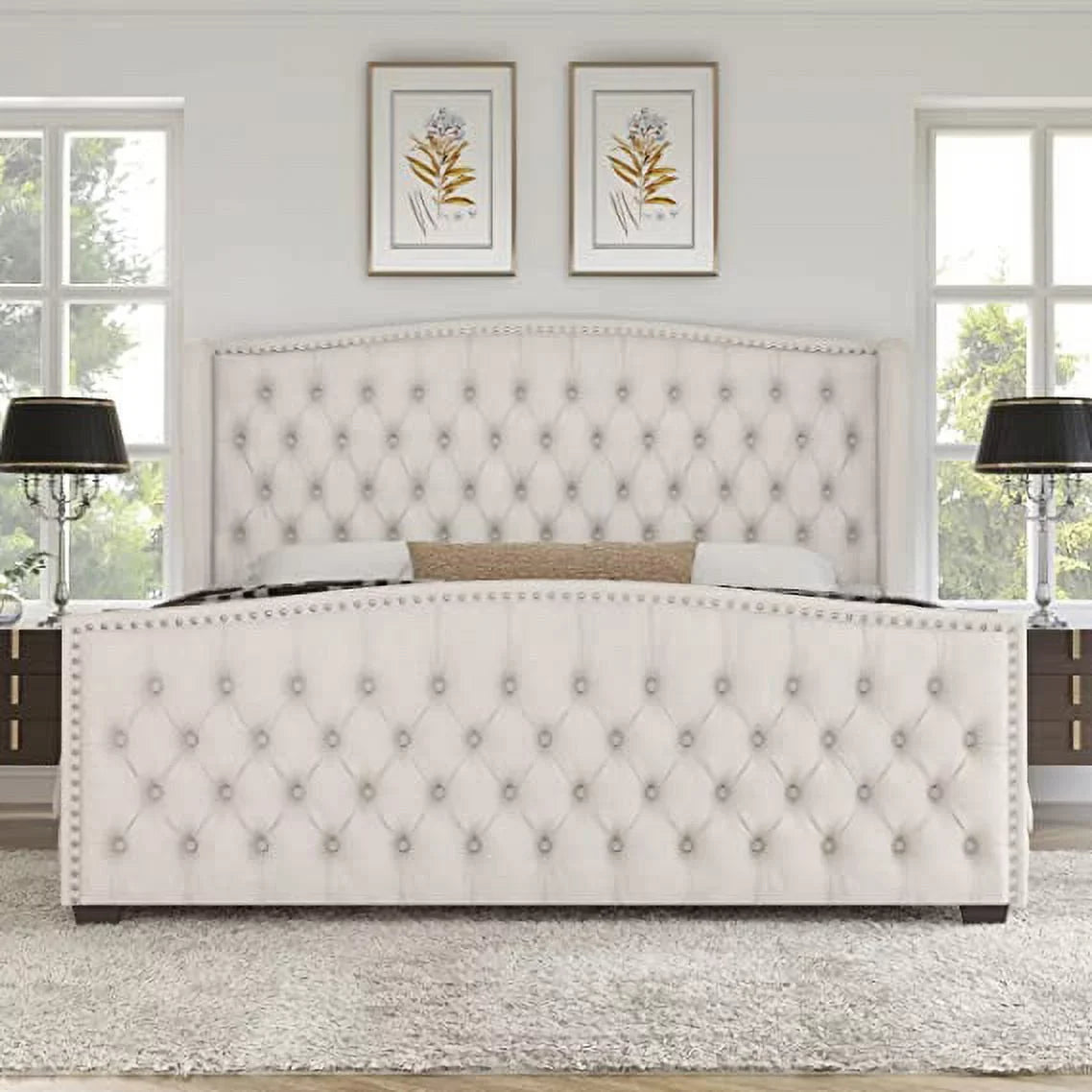 Queen Size Platform Bed Frame, Velvet Upholstered Bed with Deep Button Tufted & Nailhead Trim Wingback Headboard/No Box Spring Needed/Cream