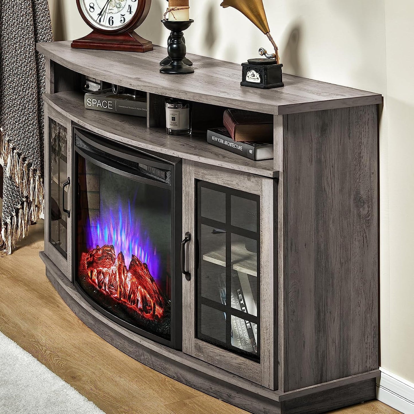 TV Stand with 26" Fireplace, 63" Entertainment Center with Fireplace, Wash Gray