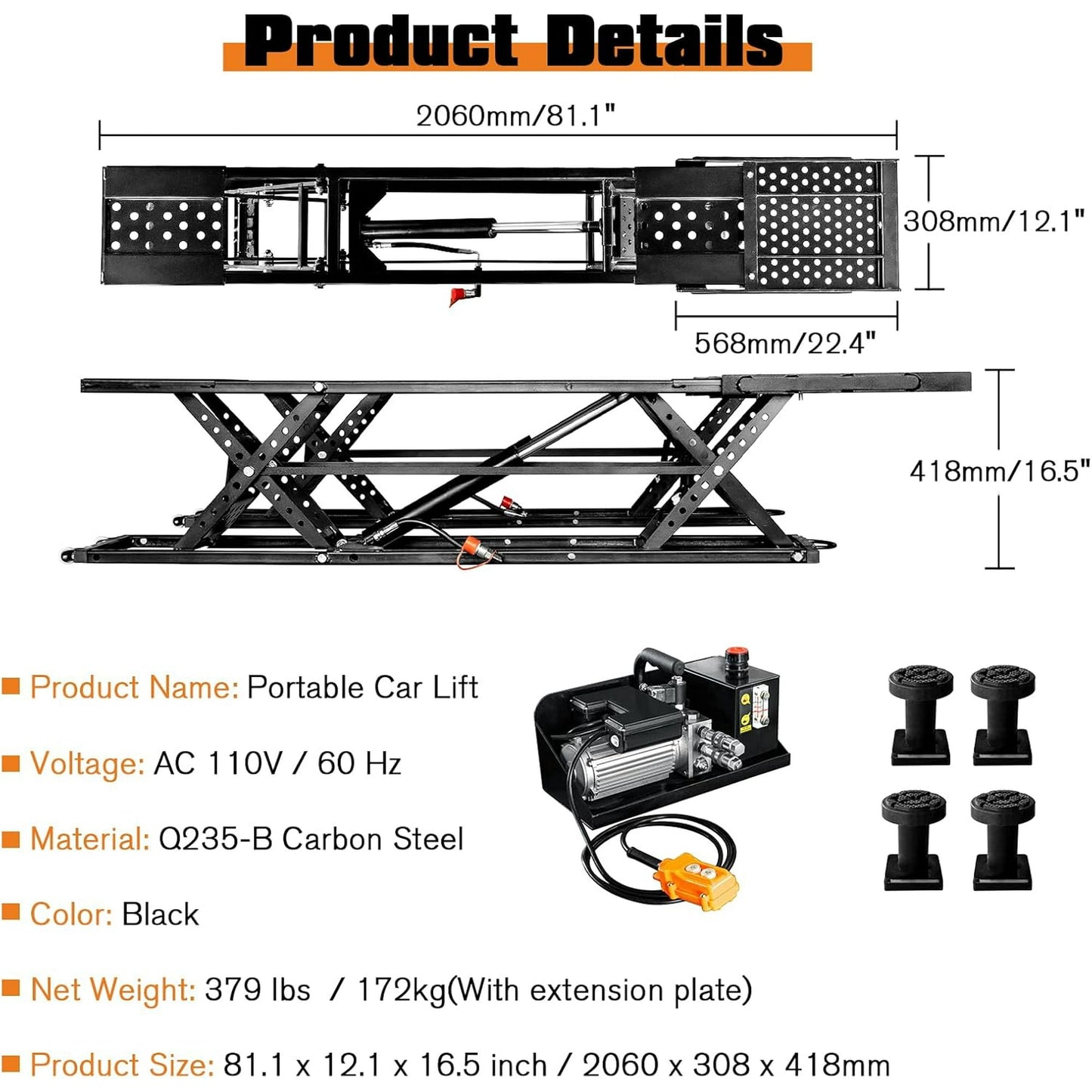 LUXOAK Portable Car Lift, Capable of Lifting 5000 LBS Quick Jack with a Maximum Height of 26", Car Lifts for Workshop and Home Garage, Black