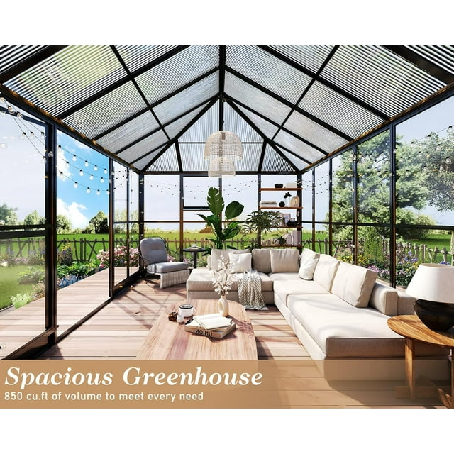 Jocisland 14x9.5x9 FT Pavilion Styled Greenhouse with Clear Panels Double Swing Doors, 6 FT Wall Height Hybrid Polycarbonate Greenhouse, Green Houses for Outdoors, Sunroom Black