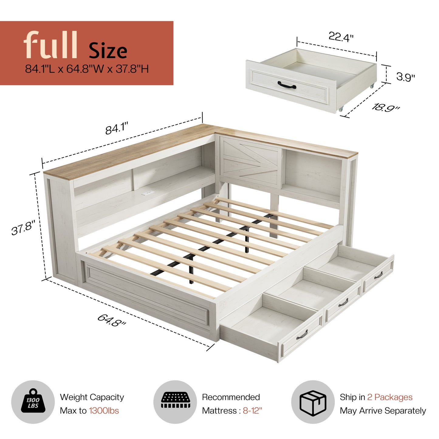 Jocisland Corner Bed Frame with Storage Drawers and Bookcase Headboard, Charging Station and Led Lights, Farmhouse Wood Daybed for Kids Teens, No Box Spring Needed