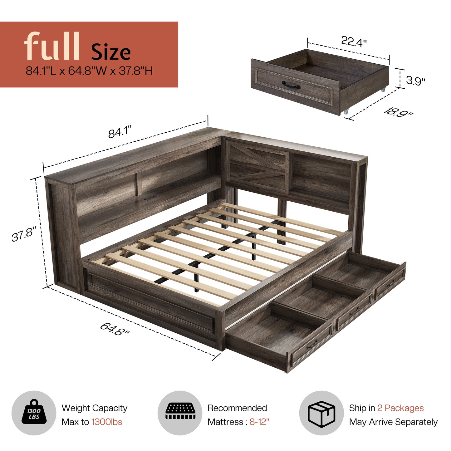 Jocisland Corner Bed Frame with Storage Drawers and Bookcase Headboard, Charging Station and Led Lights, Farmhouse Wood Daybed for Kids Teens, No Box Spring Needed
