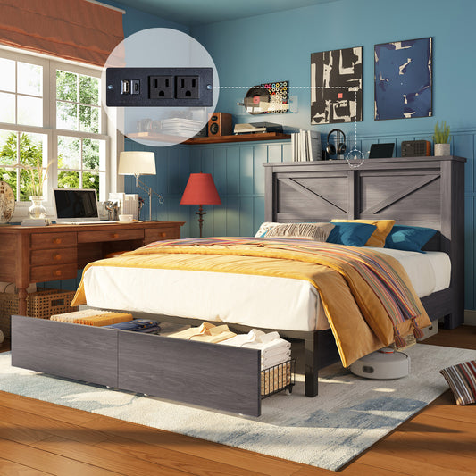 Papajet Bed Frame with Bookcase Headboard & Charging Station, 2 Storage Drawers