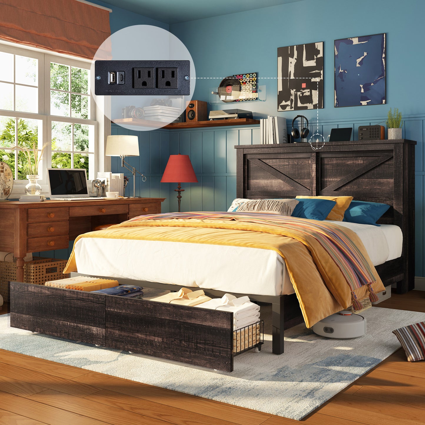 Papajet Bed Frame with Bookcase Headboard & Charging Station, 2 Storage Drawers