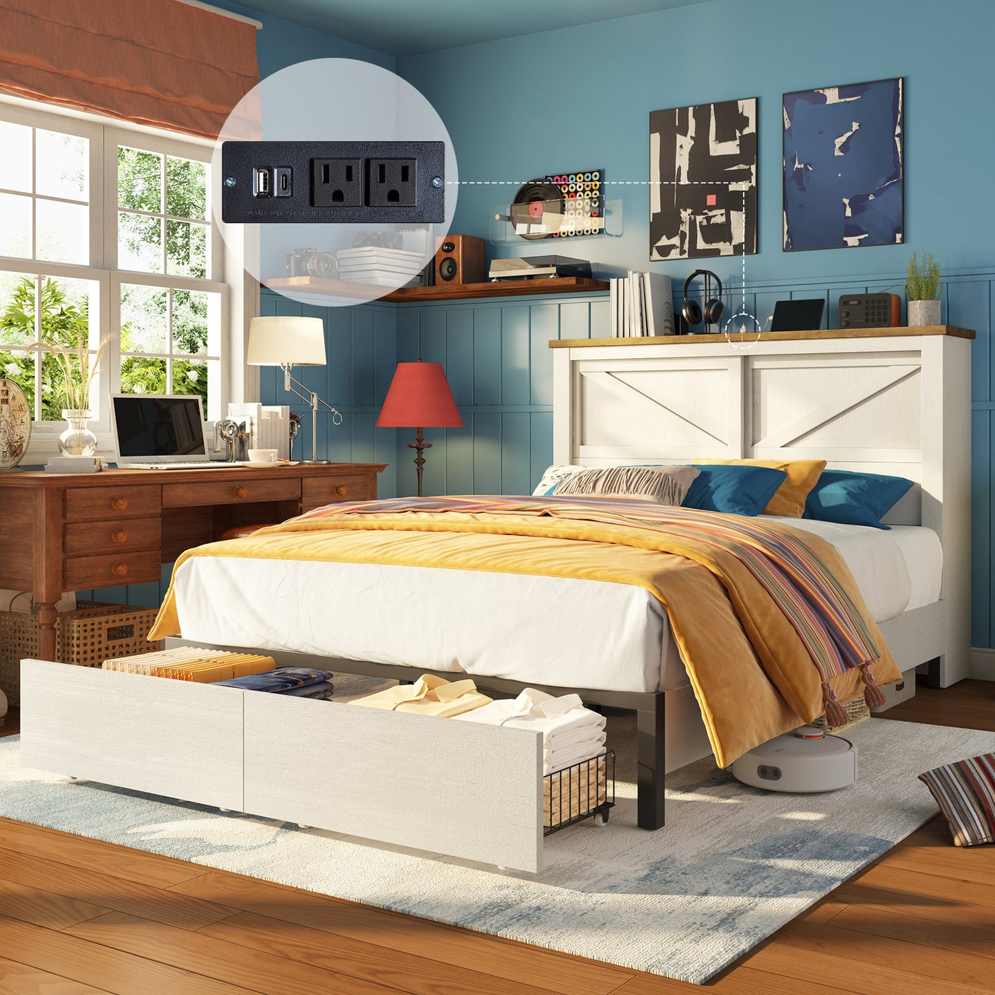 Papajet Bed Frame with Bookcase Headboard & Charging Station, 2 Storage Drawers
