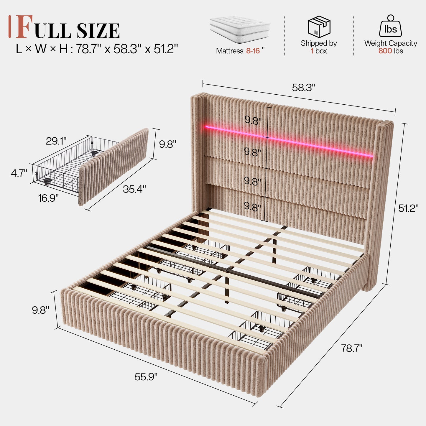 Jocisland Upholstered Corduroy Bed Frame with 4 Storage Drawers, 51.2" Tall Wingback Headboard, LED Lights & Charging Station, Platform Bed No Box Spring Needed, Easy Assembly