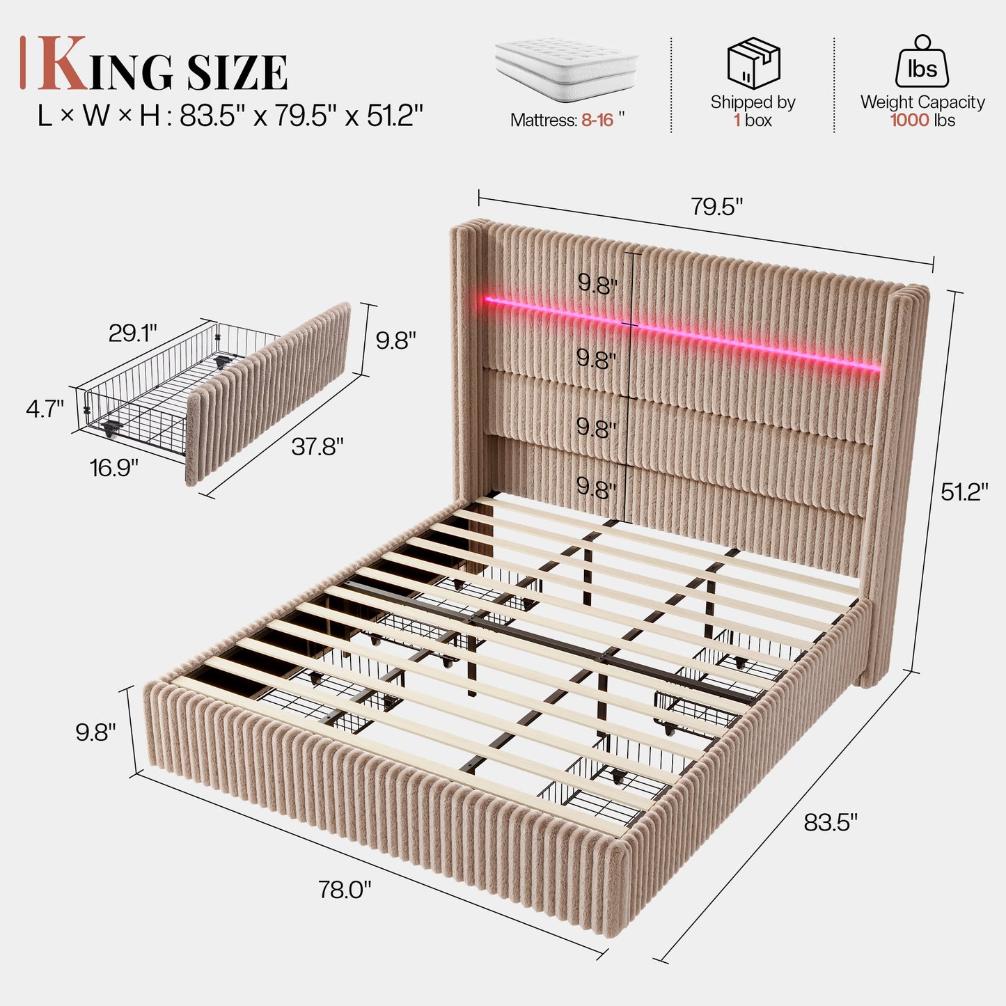 Jocisland Upholstered Corduroy Bed Frame with 4 Storage Drawers, 51.2" Tall Wingback Headboard, LED Lights & Charging Station, Platform Bed No Box Spring Needed, Easy Assembly