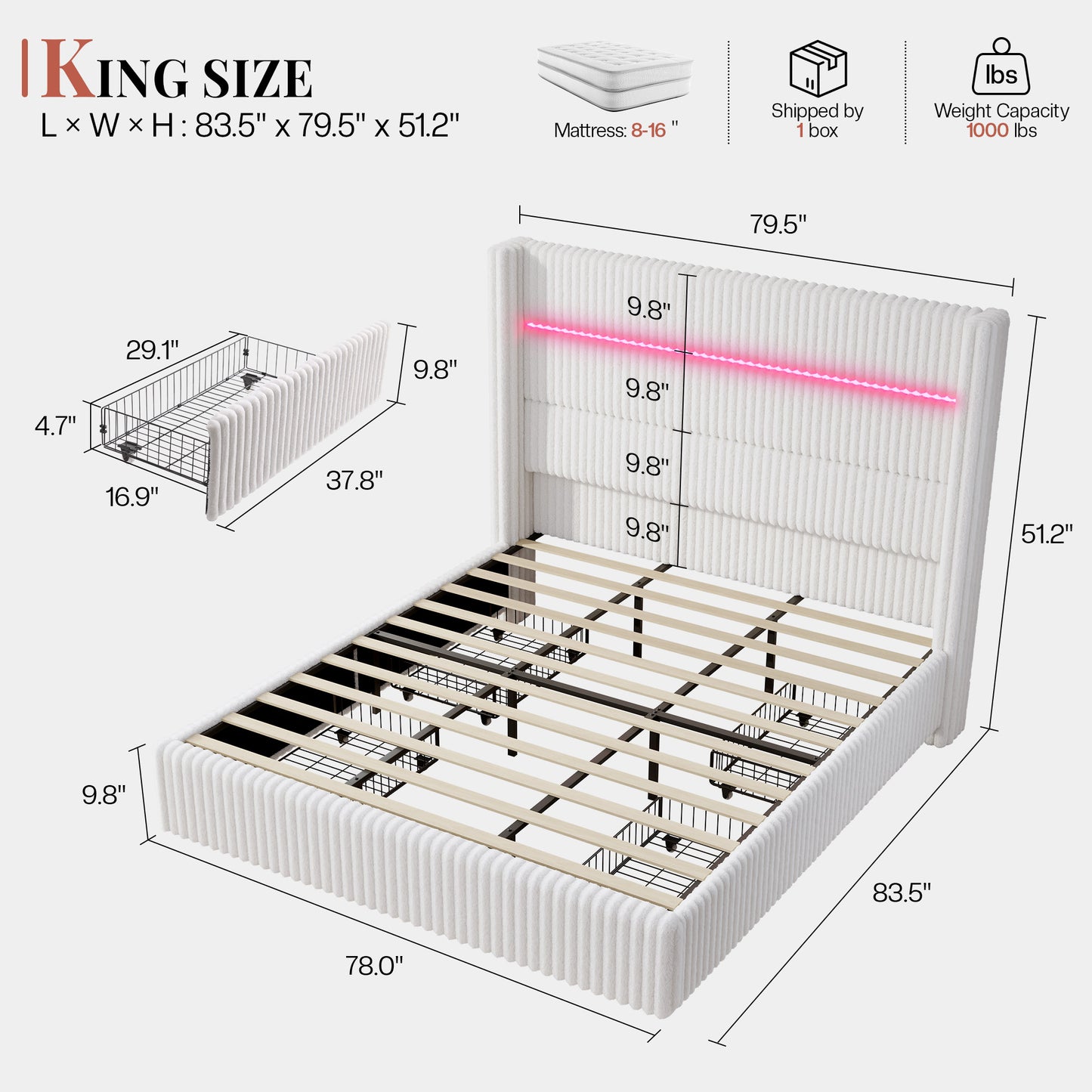 Jocisland Upholstered Corduroy Bed Frame with 4 Storage Drawers, 51.2" Tall Wingback Headboard, LED Lights & Charging Station, Platform Bed No Box Spring Needed, Easy Assembly