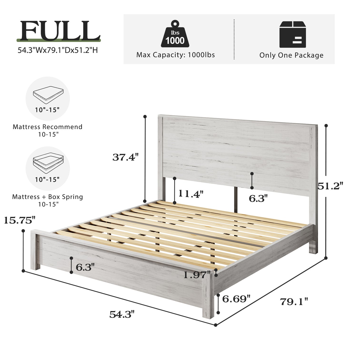 Merluxy Full Size 51.2" Wood Bed Frame, Rustic Platform Bed with Spliced Headboard, Wood Slats Support/Noiseless/No Box Spring Needed/Antique White